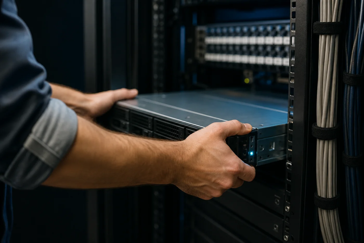 IT engineer's hands installing a server into a rack with neatly dressed cabling.