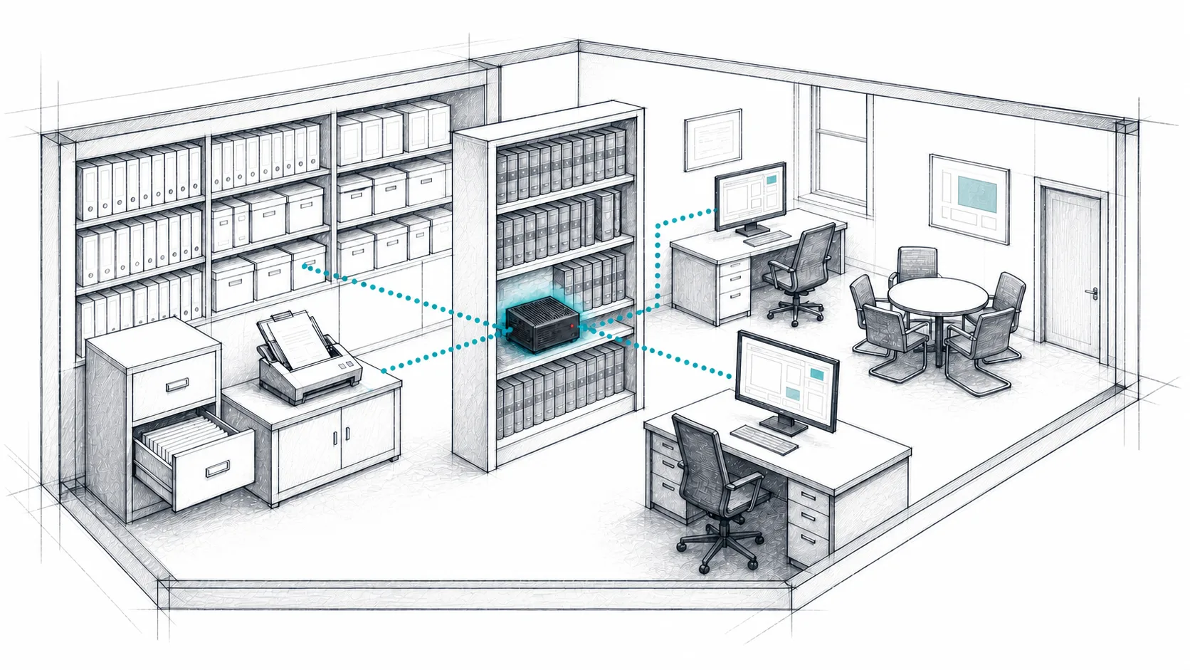 Illustration of an office with records shelves, desks, and a small AI appliance on a bookshelf connected to workstations.