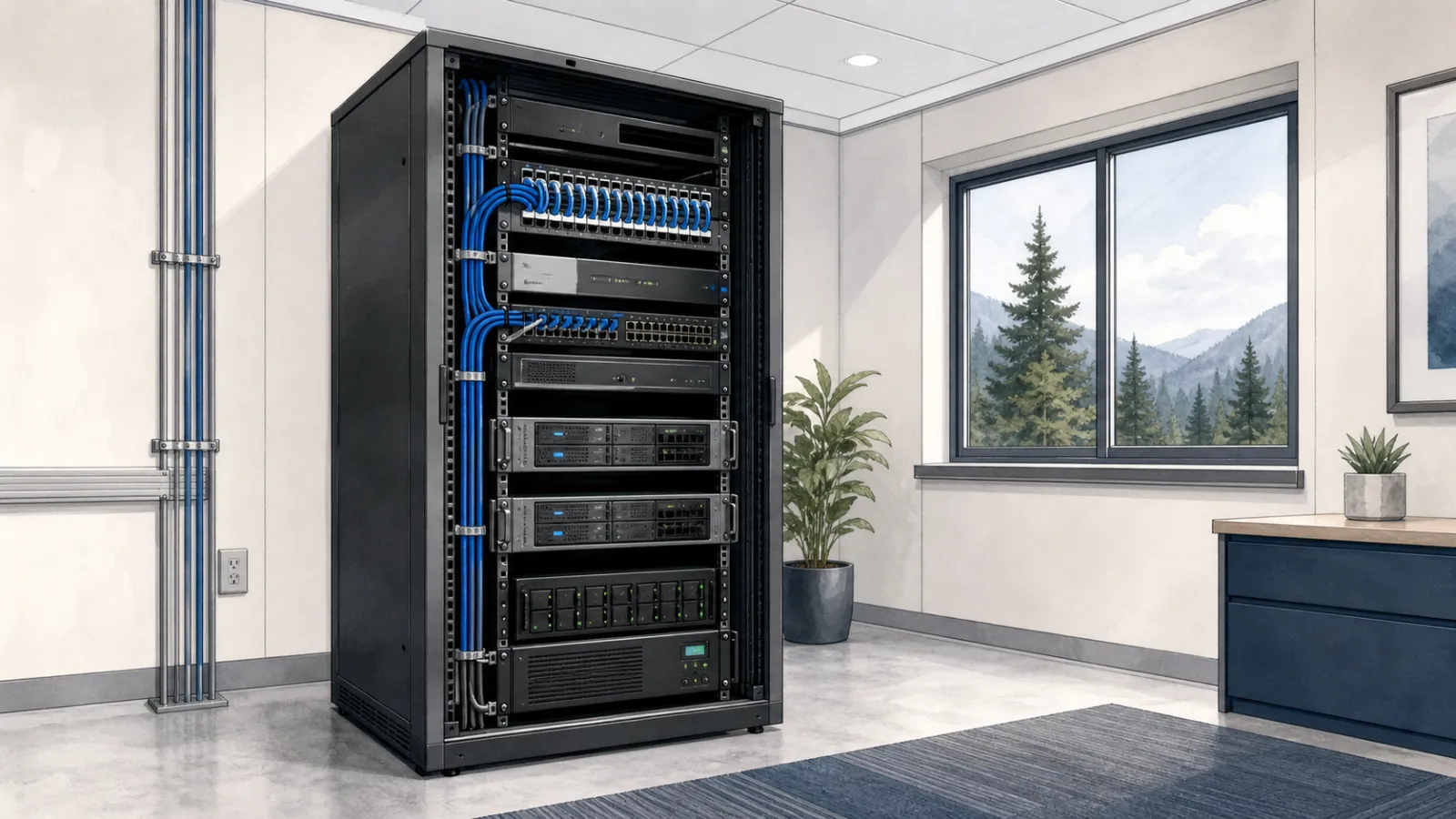A neatly cabled black server rack with switches, servers, and a UPS in a bright office room with a window onto evergreens.