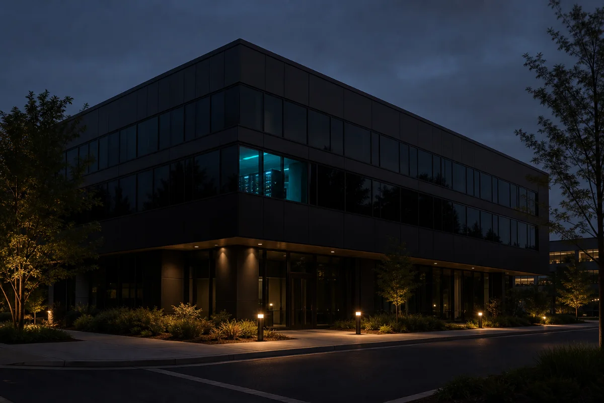 Office building at dusk with server equipment visible through a lit window.