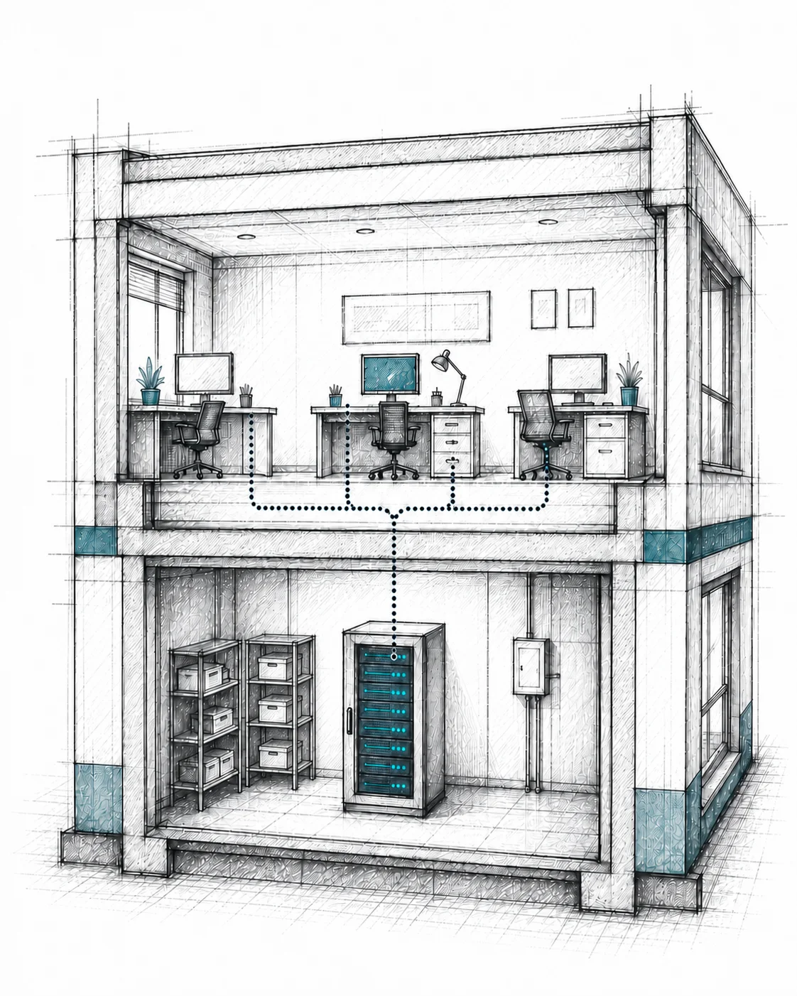 Sketch cutaway of a small office building with desks upstairs connected to a server cabinet on the floor below.